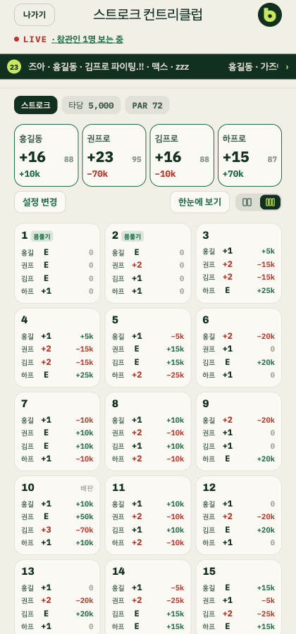 버디업 스코어보드 화면 — 홀별 스코어와 정산이 표로 정리돼 있다