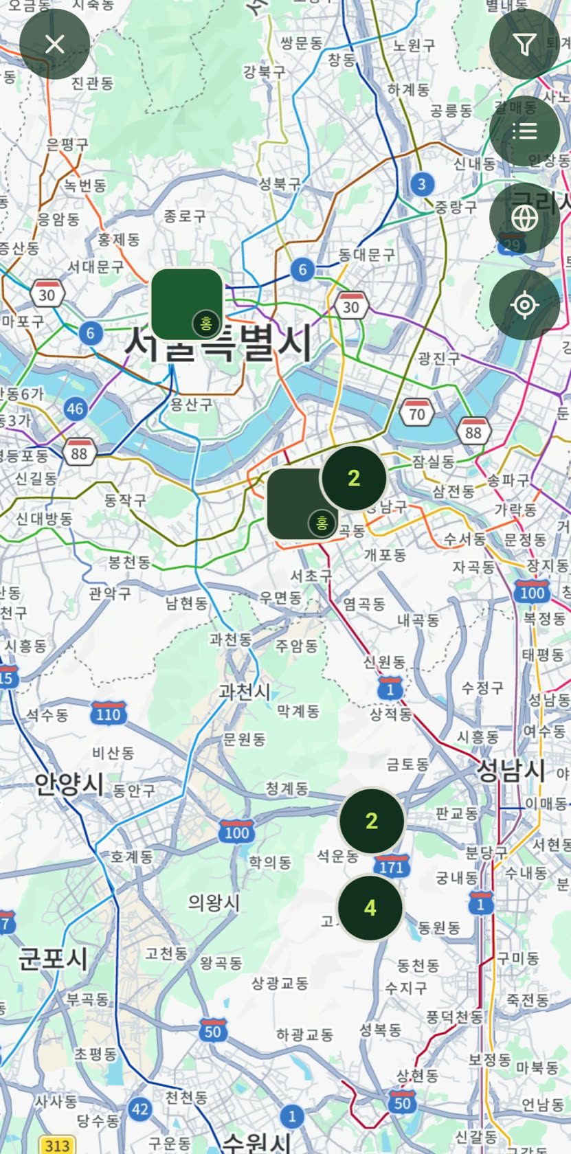 버디업 장면 산책 화면 — 사진이 찍힌 자리마다 묶여 선 지도