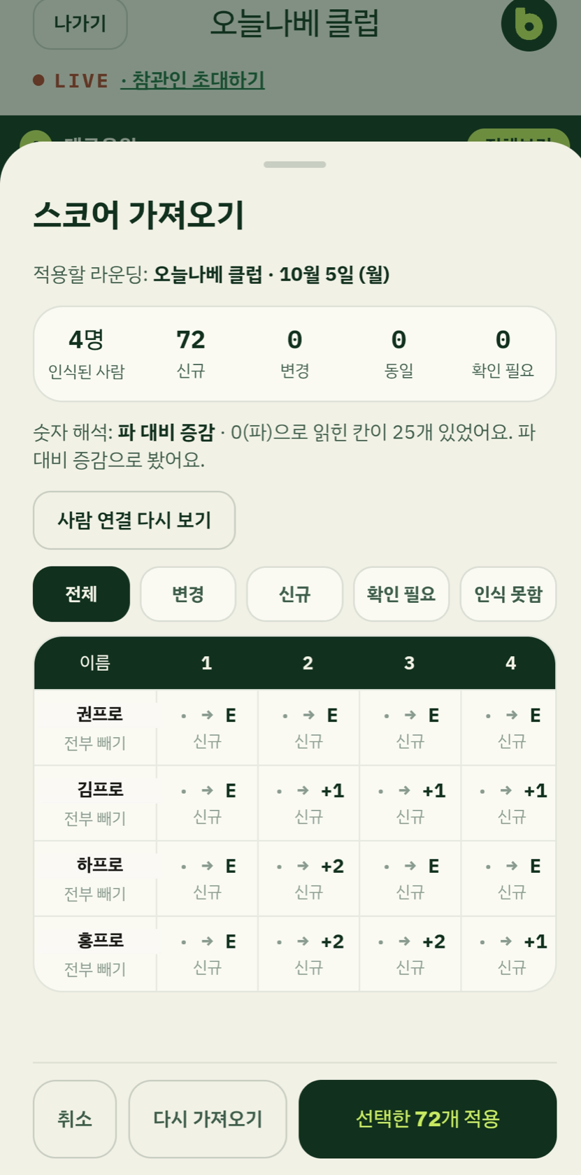 버디업 스코어카드 읽기 화면 — 사진에서 읽어 온 홀별 점수를 적용 전에 확인하고 고친다